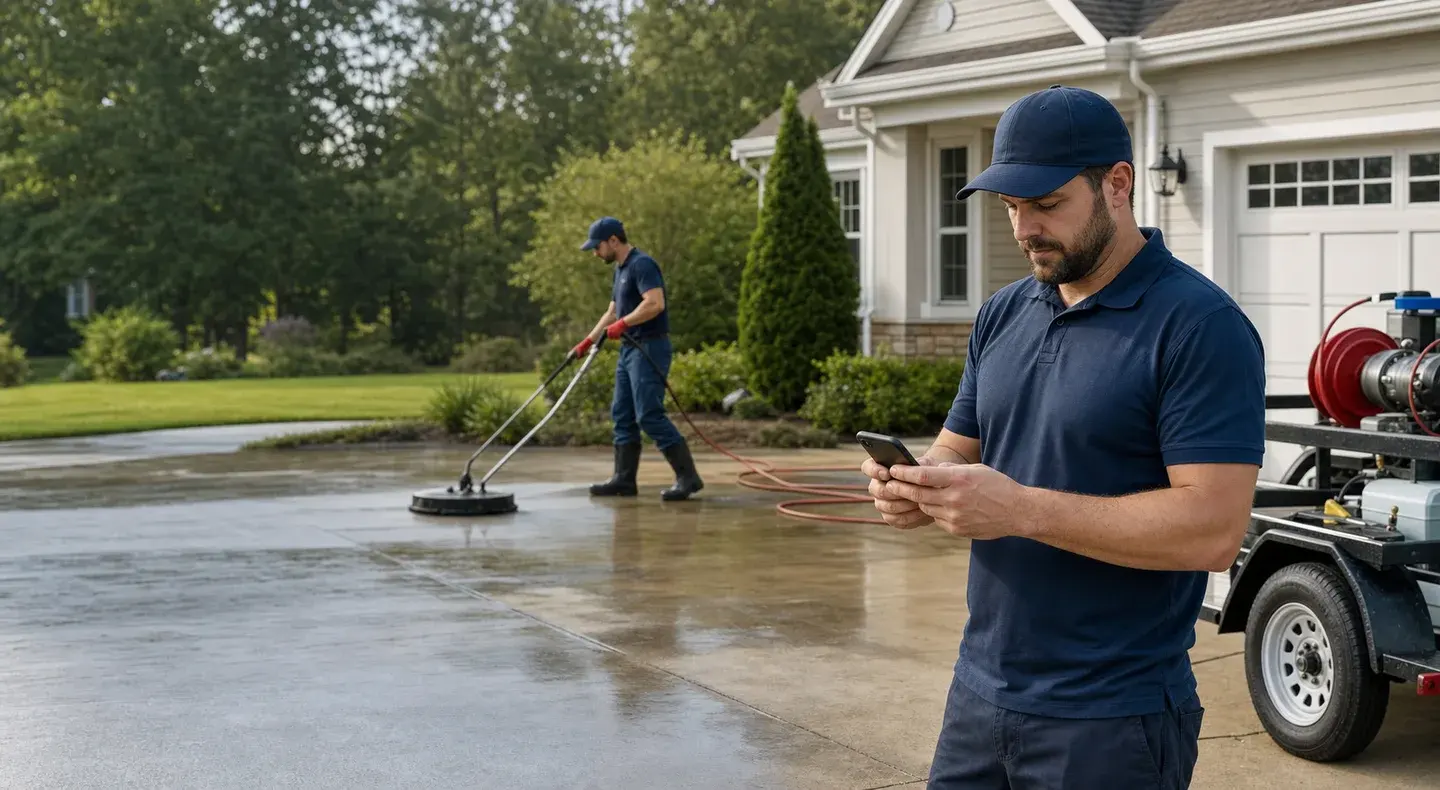 A pressure washing owner checks the day’s work on a phone while a crew member cleans a residential driveway.